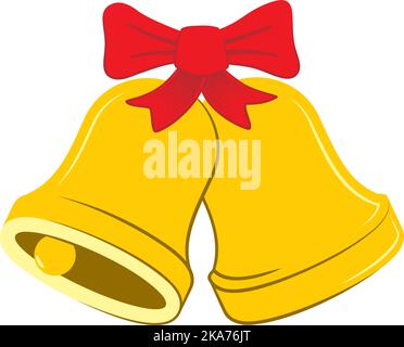 Vector illustration of two little yellow bells tied together with a red bow. Stock Vector