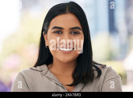 Portrait smile woman, happy closeup in office and small business owner in workplace with happiness. Marketing startup leader, entrepreneur management Stock Photo