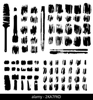 Set of brush strokes and stains black silhouette in grunge style. Irregular shapes and rough edges. Vector clipart. Stock Vector