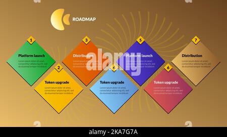 Modular geometric roadmap made of rhombuses on gold background. Timeline infographic template for business presentation. Editable vector. Stock Vector