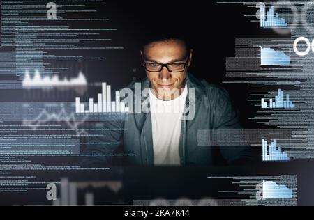 Software programming is what I do. a young computer programmer looking through data in the dark. Stock Photo