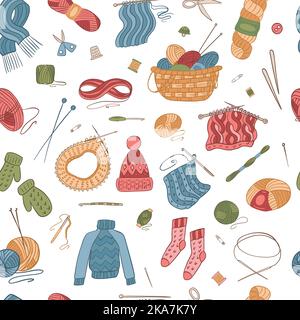 Seamless pattern vector. Knitting tools, yarn, wools, knitting needles Stock Vector