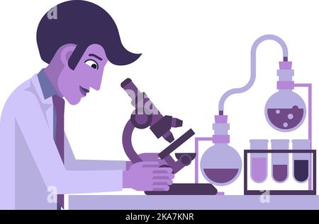 Scientist At Microscope Lab Test Bench And Beakers Stock Vector