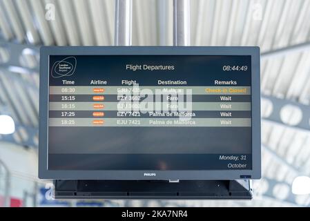 Departures board at London Southend Airport, Southend on Sea, Essex, UK. Last day of easyJet summer flight schedule. Malaga, Faro, Palma de Mallorca Stock Photo