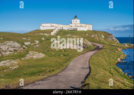 The image is of Strathy Point lighthouse in the far north of the Scottish Highlands overlooking the North Atlantic Stock Photo