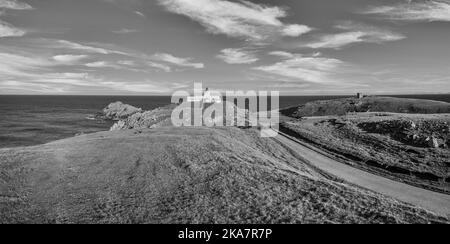 The image is of Strathy Point lighthouse in the far north of the Scottish Highlands overlooking the North Atlantic Stock Photo