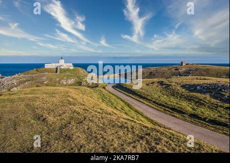 The image is of Strathy Point lighthouse in the far north of the Scottish Highlands overlooking the North Atlantic Stock Photo