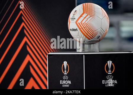 Roma, Italy. 27th Oct, 2022. Molten official ball is seen on a pedestal with the competition logo during the Europa League Group F soccer match between SS Lazio and Midtjylland at the Stadio Olimpico in Rome, Italy, on Oct. 27, 2022. Photo Andrea Staccioli/Insidefoto Credit: Insidefoto di andrea staccioli/Alamy Live News Stock Photo