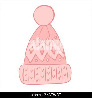 Vector illustration. Warm knitted winter hat with patterns, lapel and pompom Stock Vector