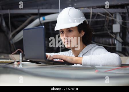 female contractor using laptop in roofspace Stock Photo