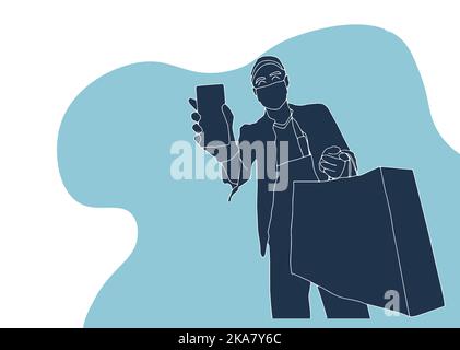 Delivery courier man with medical protective mask on his face holding package with delivery truck on background. Delivery during quarantine time Stock Vector