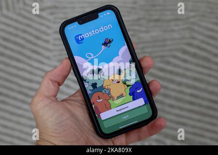 2022-11-01 13:25:41 ILLUSTRATIVE - Mastodon's app on a phone. Twitterers are switching in large numbers to the alternative social medium Mastodon. Since the takeover of Twitter by Elon Musk last Friday, Mastodon has gained many tens of thousands of new users, according to CEO Eugen Rochko. ANP ROBIN VAN LONKHUIJSEN netherlands out - belgium out Stock Photo