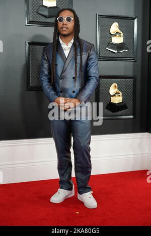 **FILE PHOTO** Migos Rapper, Takeoff, Reportedly Killed at 28. LOS ANGELES, CA - JANUARY 26: Takeoff at the 62nd Grammy Awards at the Staples Center in Los Angeles, California on January 26, 2020. Credit: Tony Forte/MediaPunch Stock Photo