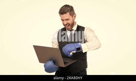 shouting guy in boxing gloves and formalwear punch computer isolated on ...