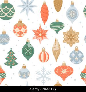 Merry Christmas, seamless pattern with cute vintage hanging decorations. Vector illustration in flat cartoon style Stock Vector