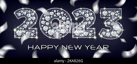 New Year 2023 luxurious numbers of diamond gemstones sparkling against a background of falling silver-colored confetti. Black background, vector illus Stock Vector