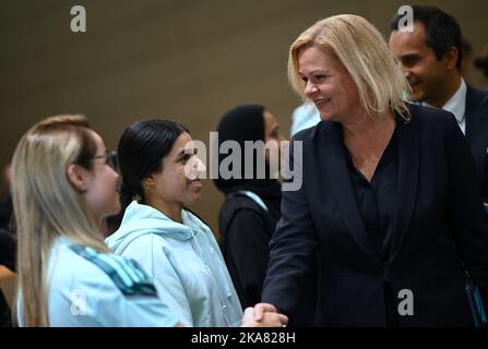 Doha, Qatar. 01st Nov, 2022. Nancy Faeser (SPD), Federal Minister of the Interior and Home Affairs, meets participants in the DFB's 'Future Leaders in Football' project. Faeser has traveled to the host country Qatar in her capacity as sports minister in the run-up to the World Cup. The trip will focus on the human rights issues being discussed around the tournament. Credit: Britta Pedersen/dpa/Alamy Live News Stock Photo