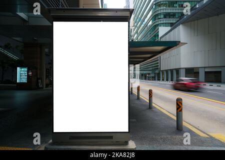 White wrinkled poster template in city. Glued paper mockup. Blank wheatpaste on textured wall. Empty street art sticker mock up. Clear urban glued adv Stock Photo