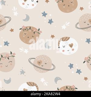 Cute seamless childish simple pattern for kids with cute moons and stars in Scandinavian style. Baby pattern with night sky. Fabric design. Stock Vector