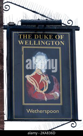 Traditional hanging pub sign at The Duke of Wellington public house - Wetherspoon pub - Wellington Square, Minehead, Somerset, England, UK Stock Photo