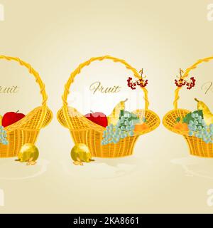 Fruity border seamless background with fruit in a wicker basket healthy food  vintage vector illustration  for use in interior design, artwork, dishes Stock Vector
