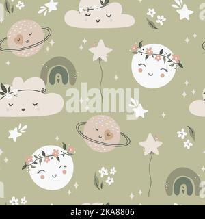 Cute seamless childish simple pattern for kids with cute moons and stars in Scandinavian style. Baby pattern with night sky. Fabric design. Stock Vector