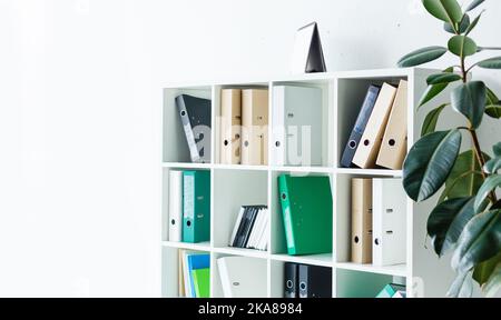 File folders, standing on the shelves at office Stock Photo