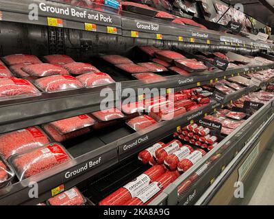 Grovetown, Ga USA - 04 21 22: Walmart meat department hamburger meat Stock Photo