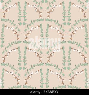Boho seamless pattern with eucalyptus and cotton Stock Vector