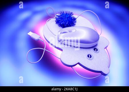 Computer Mouse on Cat Scratch Pad Stock Photo