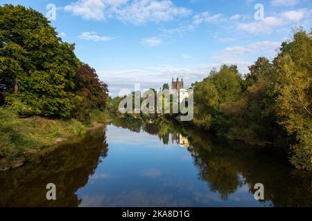 Hereford cathedral reflected in the calm river Wye on a still September morning. Stock Photo