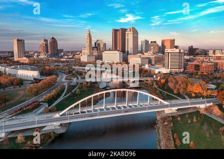 Aerial photo of the Columbus, Ohio skyline and the Scioto River. Stock Photo
