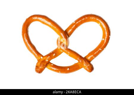 Salted hard small pretzel, also known as Brezel, isolated, from above, over white. Popular, traditional, crunchy snack. A type of baked bread. Stock Photo