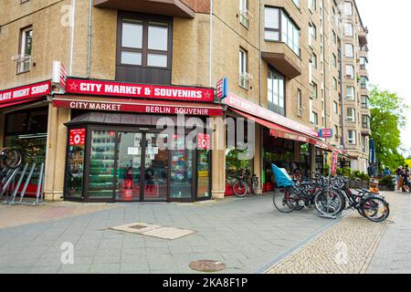 Exterrior of the souvenir store on the first floor in Berlin. Berlin, Germany - 05.17.2019 Stock Photo