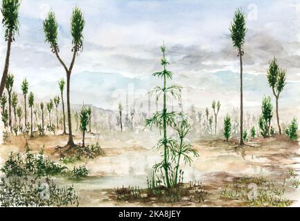 Carboniferous landscape with Sigillaria and Calamites plants. Watercolor on paper. Stock Photo