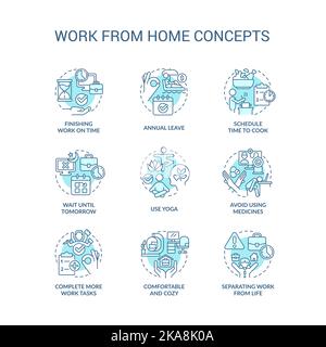 Work from home tips turquoise concept icons set Stock Vector