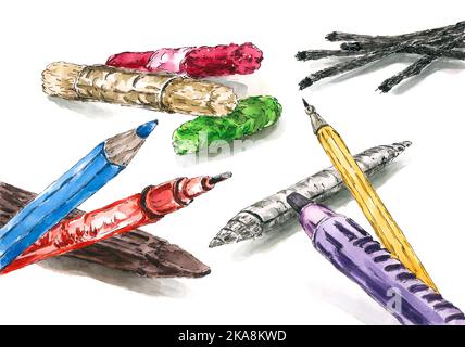 Drawing tools. Ink and watercolor on paper. Stock Photo