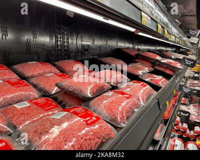 Grovetown, Ga USA - 04 21 22: Walmart meat department hamburger meat side view Stock Photo