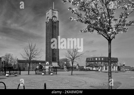 The War Memorial Clock Tower in Coalville town, Leicestershire, England; Britain; UK Stock Photo