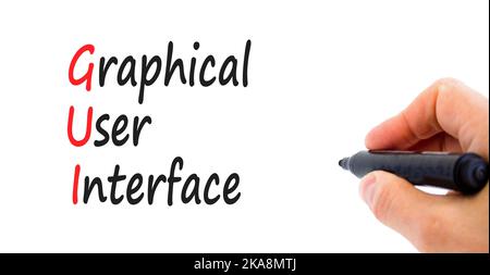 GUI graphical user interface symbol. Concept words GUI graphical user interface on a beautiful white background. Businessman hand. Business and GUI gr Stock Photo