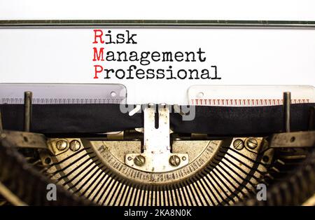 RMP risk management professional symbol. Concept words RMP risk management professional typed on old retro typewriter. White background. Business RMP Stock Photo