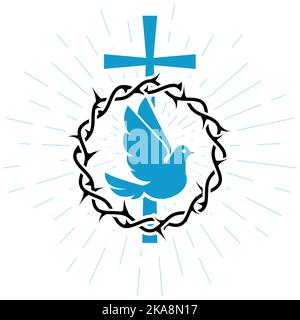 Dove of peace, crucifixion and crown of thorns, pigeon and wreath of thornes, symbols of Christianity, vector Stock Vector
