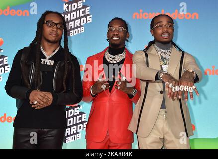 Kirshnik Khari Ball, known as rapper Takeoff from the group Migos was killed this morning in a shooting in Houston, Texas at the age of 28.  Takeoff, Offset and Quavo from Migos arriving to the Nickelodeon's Kids' Choice Awards 2019 at Galen Center on March 23, 2019 in Los Angeles, CA. © Tammie Arroyo/AFF-USA.com Stock Photo