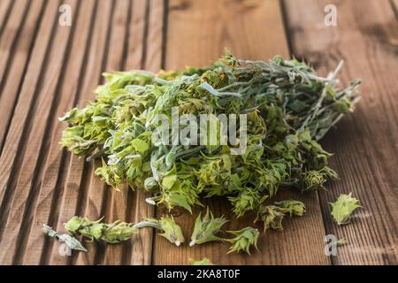 Bunch of dried green ironwort (Sideritis) twigs, also known as Mountain tea - traditional herbal tea in Greece Stock Photo