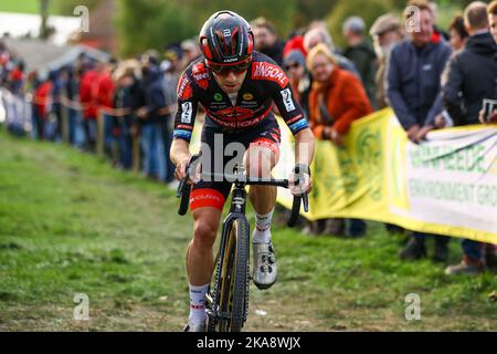 Melden, Belgium, 01 November 2022. Belgian Eli Iserbyt pictured in action during the men's race during the Koppenbergcross, the first race (out of eight) of the X2O Badkamers trophy, in Melden, on Tuesday 01 November 2022. BELGA PHOTO DAVID PINTENS Stock Photo