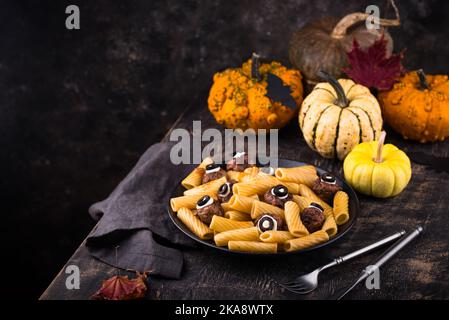 Halloween pasta with meatballs in shape of eye Stock Photo