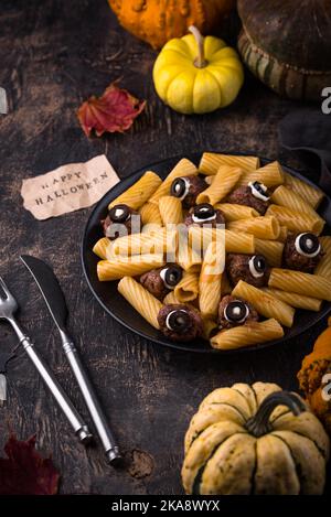 Halloween pasta with meatballs in shape of eye Stock Photo