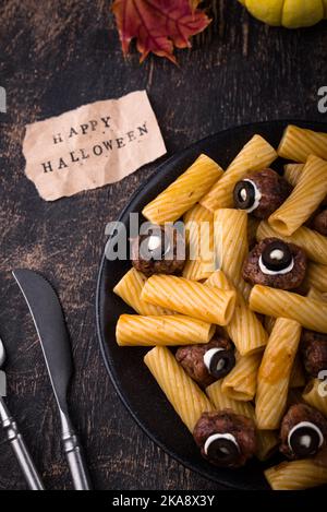 Halloween pasta with meatballs in shape of eye Stock Photo