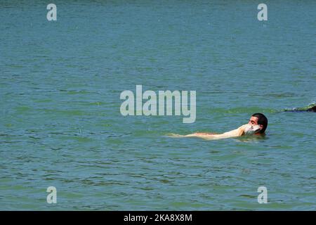 Young man swimming at water with white dog Stock Photo