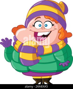 Happy chubby woman wearing winter clothes and waving Stock Vector